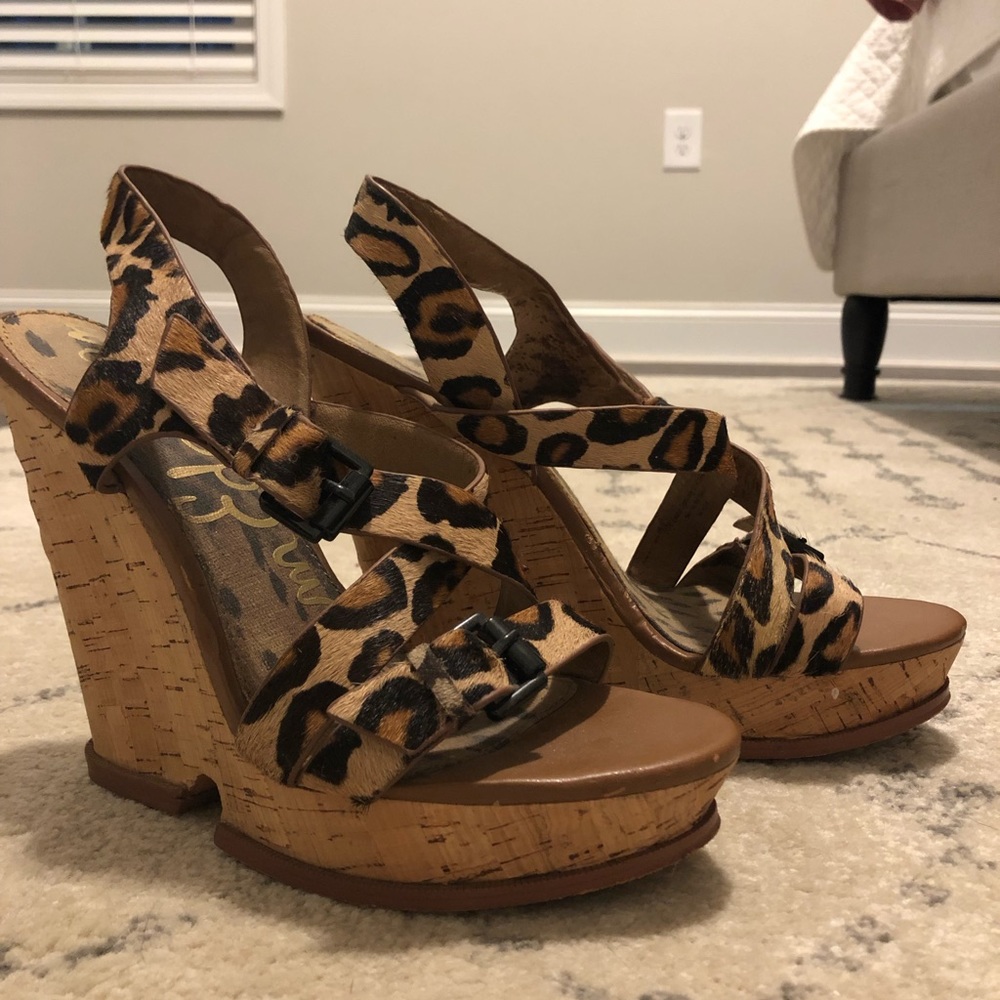Sam Edelman calf hair leopard strappy wedges